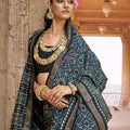 Black Patola Silk Saree with Intricate Geometric Weaving Contrast Border