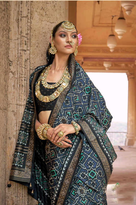 Black Patola Silk Saree with Intricate Geometric Weaving Contrast Border