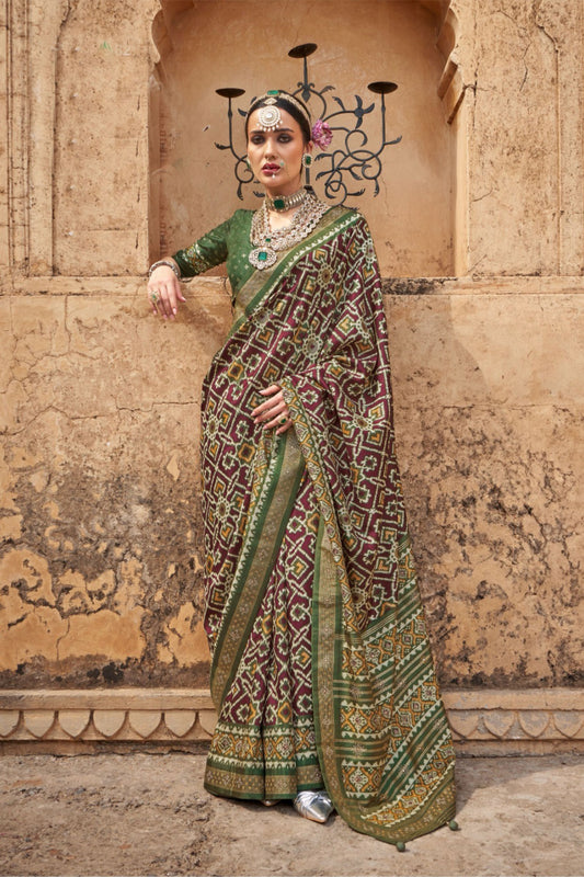 Green Maroon Patola Silk Saree with Traditional Geometric Weaving Zari Border
