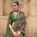 Green Maroon Patola Silk Saree with Traditional Geometric Weaving Zari Border