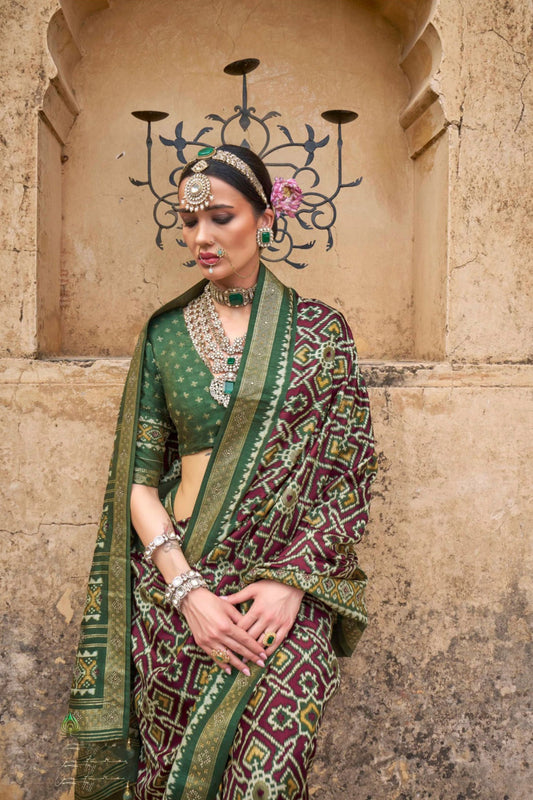 Green Maroon Patola Silk Saree with Traditional Geometric Weaving Zari Border