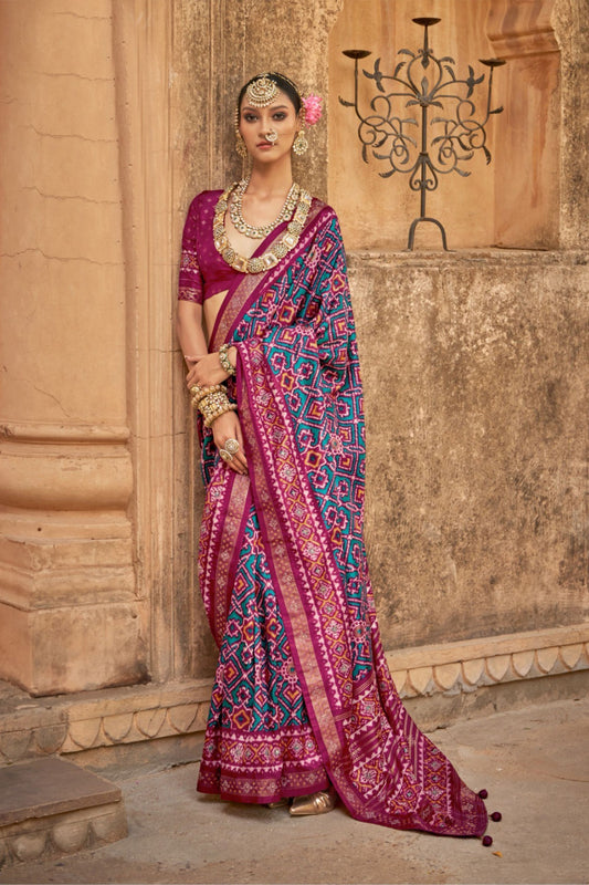 Magenta Blue Patola Silk Saree with Zari Border