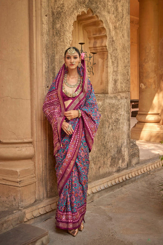 Magenta Blue Patola Silk Saree with Zari Border