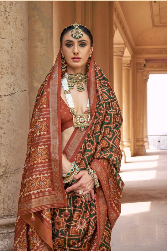 Rust Orange Patola Silk Saree with Intricate Ikat Weaving Zari Border