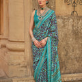 Teal Blue Black Patola Silk Saree with Geometric Ikat Design Zari Border