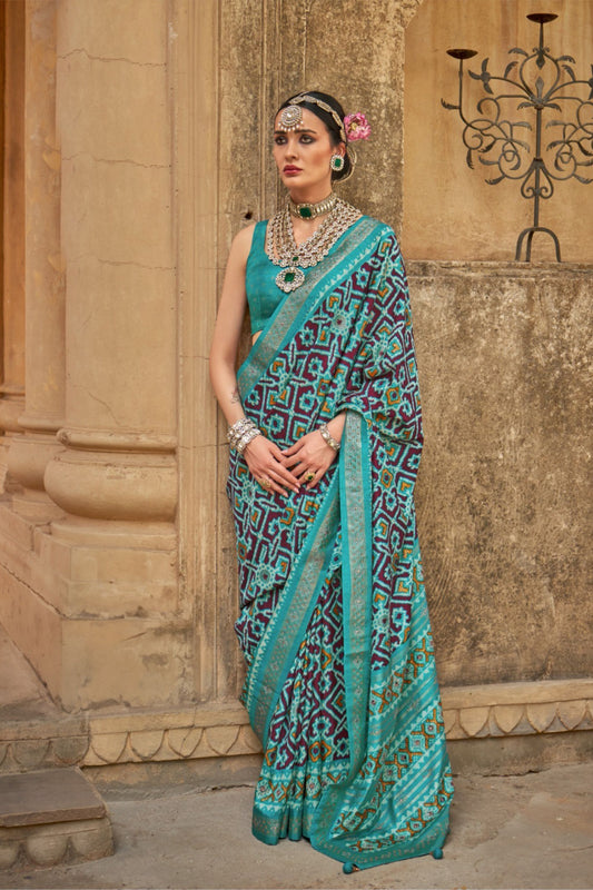 Teal Blue Black Patola Silk Saree with Geometric Ikat Design Zari Border