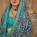 Teal Blue Black Patola Silk Saree with Geometric Ikat Design Zari Border