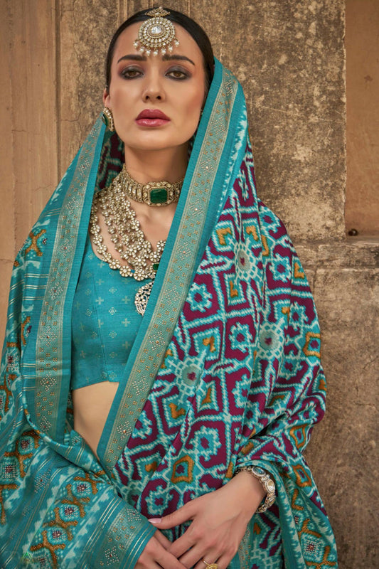 Teal Blue Black Patola Silk Saree with Geometric Ikat Design Zari Border