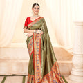 Elegant Olive Green Banarasi Silk Saree  Party Wear Saree