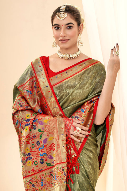 Elegant Olive Green Banarasi Silk Saree  Party Wear Saree