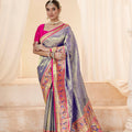 Purple Banarasi Silk Saree with Pink Zari Border Wedding and Festive Wear