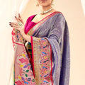 Purple Banarasi Silk Saree with Pink Zari Border Wedding and Festive Wear