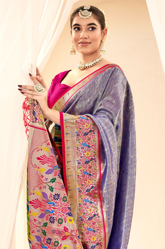 Purple Banarasi Silk Saree with Pink Zari Border Wedding and Festive Wear