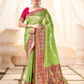 Elegant Green Banarasi Silk Saree with Pink Contrast Border 