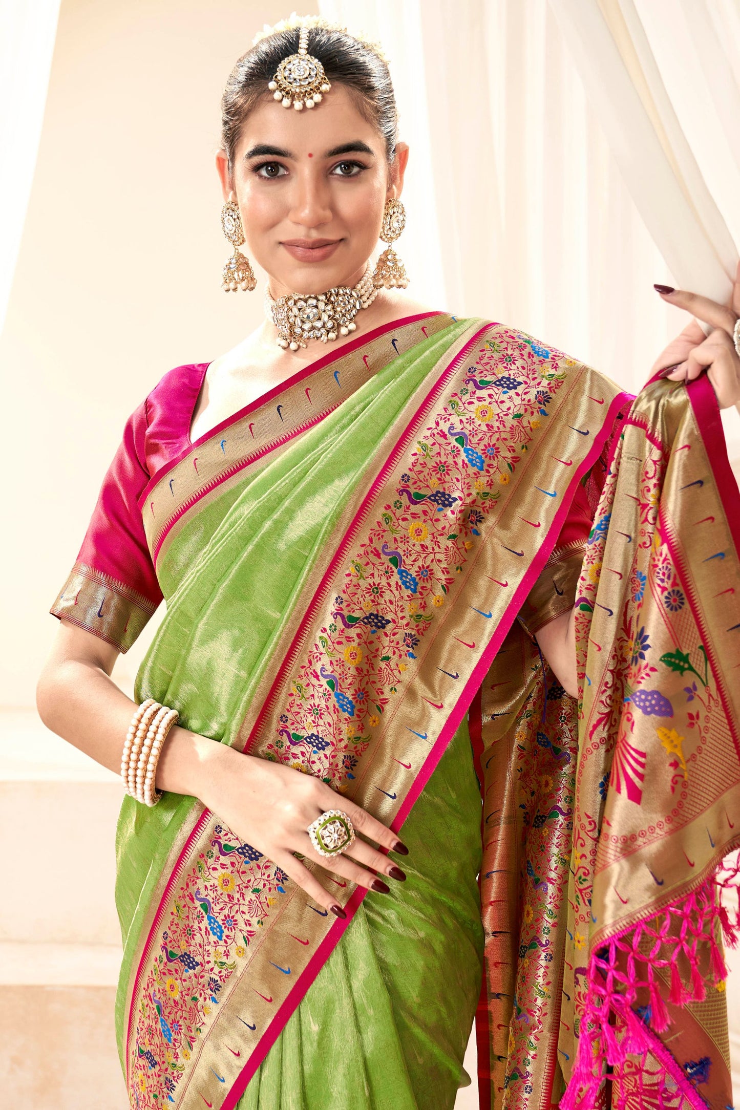 Elegant Green Banarasi Silk Saree with Pink Contrast Border