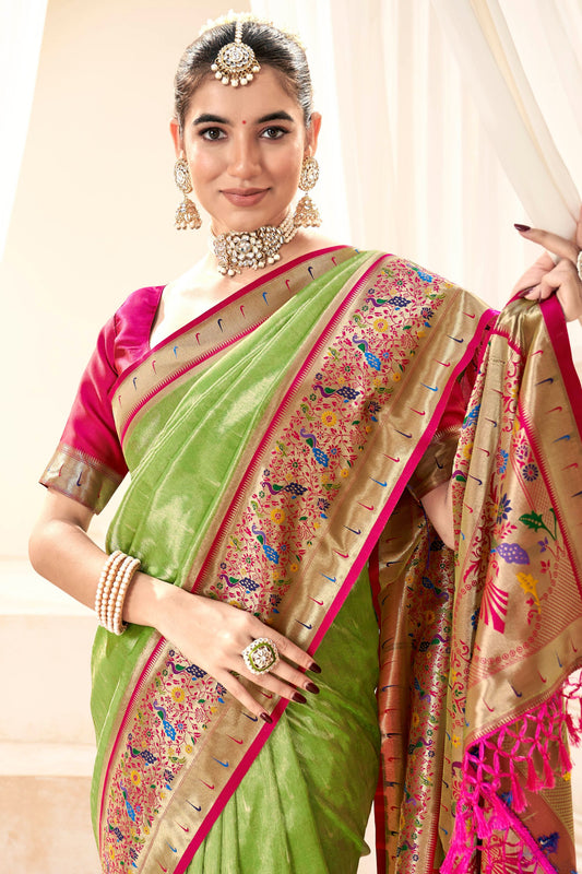 Elegant Green Banarasi Silk Saree with Pink Contrast Border