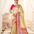 Elegant Golden Banarasi Silk Saree with Pink Contrast Blouse Festive Wear