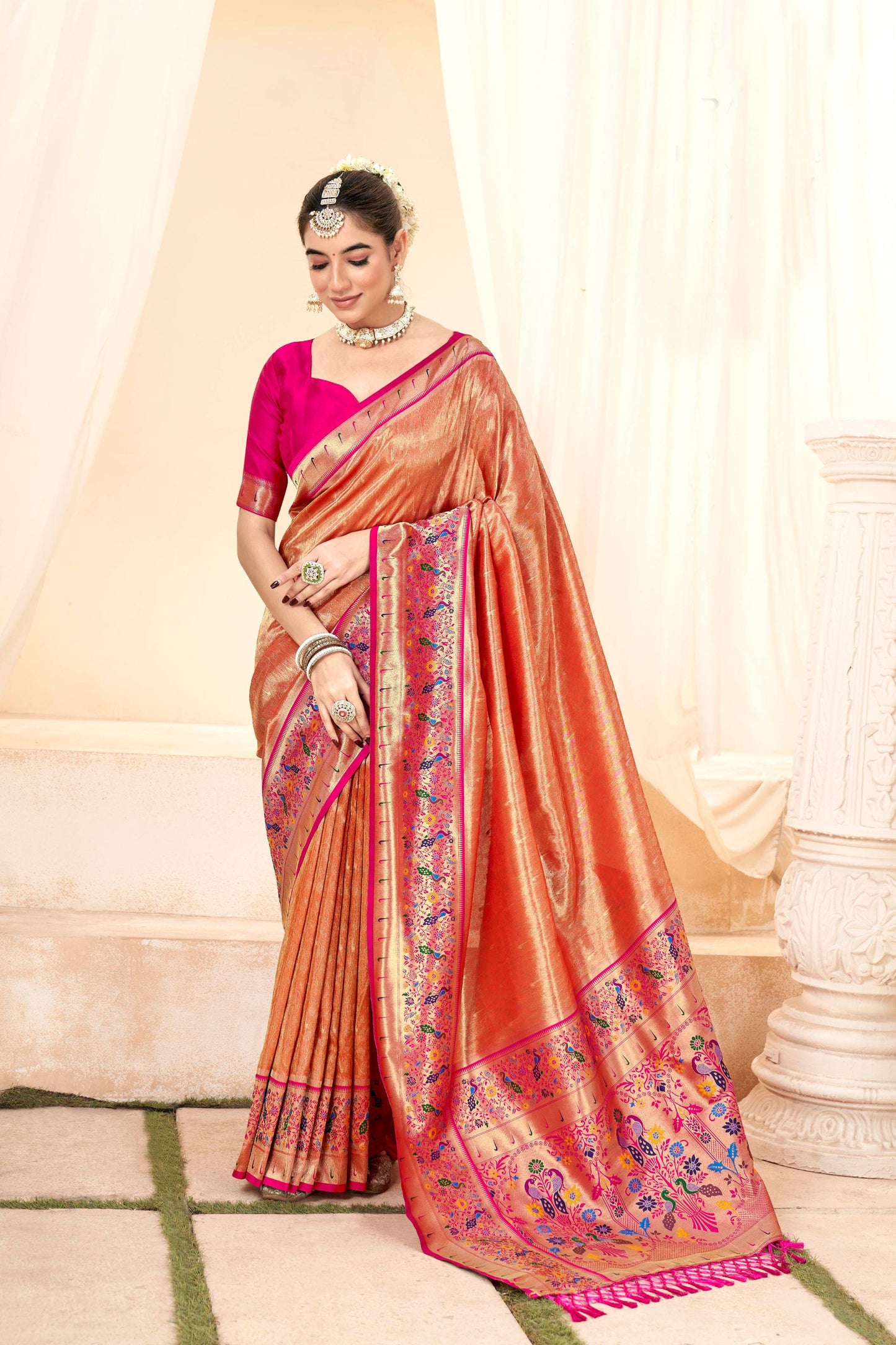 Traditional Orange Banarasi Silk Saree with Pink Contrast Blouse Festive Wear
