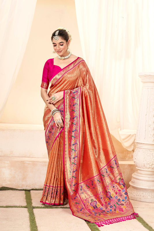 Traditional Orange Banarasi Silk Saree with Pink Contrast Blouse Festive Wear