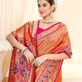 Traditional Orange Banarasi Silk Saree with Pink Contrast Blouse Festive Wear