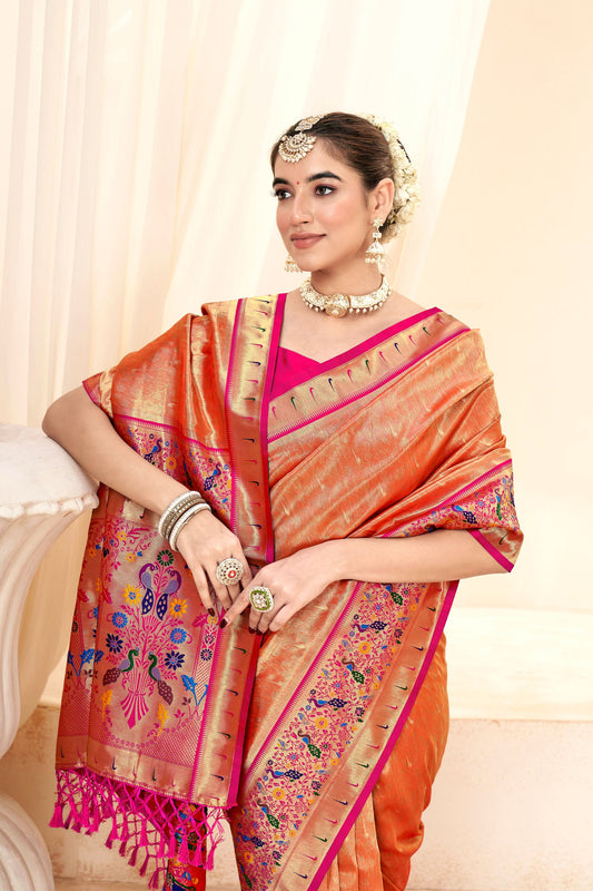 Traditional Orange Banarasi Silk Saree with Pink Contrast Blouse Festive Wear