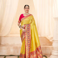 right Yellow Banarasi Silk Saree with Pink Contrast Blouse Festive Wear