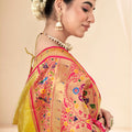 Bright Yellow Banarasi Silk Saree with Pink Contrast Blouse Festive Wear