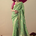 Green Banarasi Silk Saree Contrast Pink Blouse Festive Wear Sare