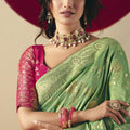 Green Banarasi Silk Saree Contrast Pink Blouse Festive Wear Sare