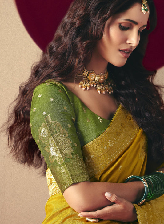 Traditional Yellow Banarasi Silk Saree Festive Wear Saree