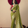 Green Banarasi Silk Saree Contrast Red Blouse Festive Wear