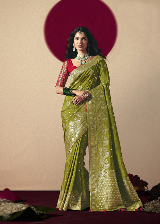Green Banarasi Silk Saree Contrast Red Blouse Festive Wear