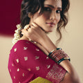 Yellow Banarasi Silk Saree Contrast Red Blouse Festive Wear