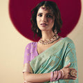 Stylish Sky Blue Banarasi Silk Saree Contrast Purple Blouse Festive Wear