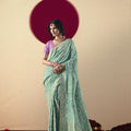Stylish Sky Blue Banarasi Silk Saree Contrast Purple Blouse Festive Wear