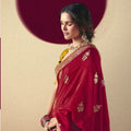 Designer Red Banarasi Silk Saree Contrast Mustard Blouse Festive Wear