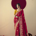Designer Red Banarasi Silk Saree Contrast Mustard Blouse Festive Wear