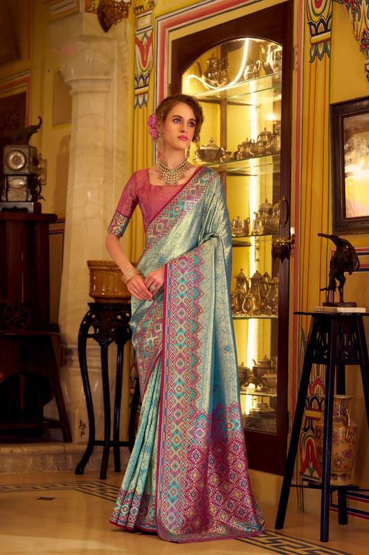 Sky Blue Tissue Patola Silk Saree Handwoven Patola Design Saree