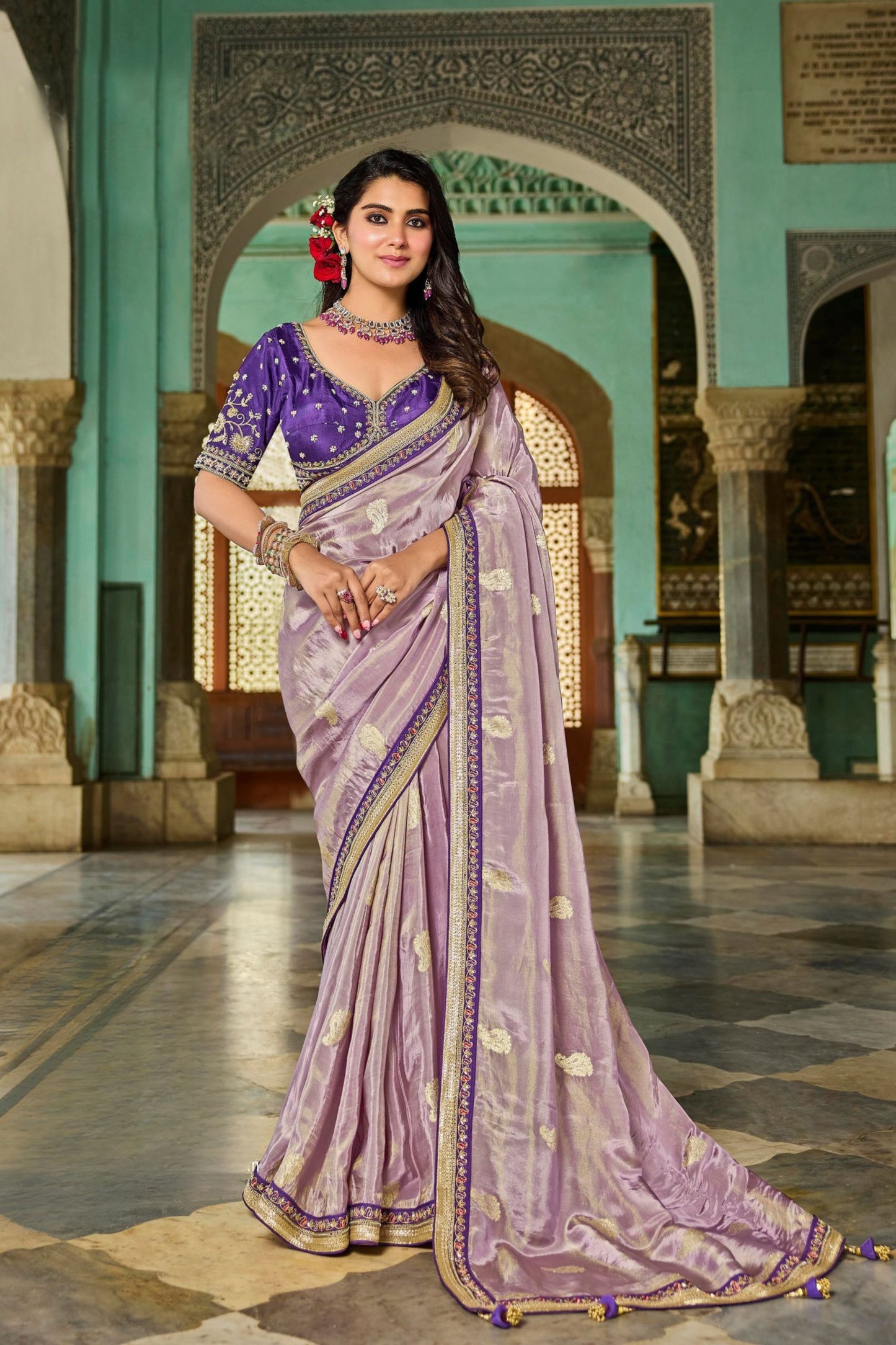 Lavender Silk Saree Contrast Purple Blouse Designer Party