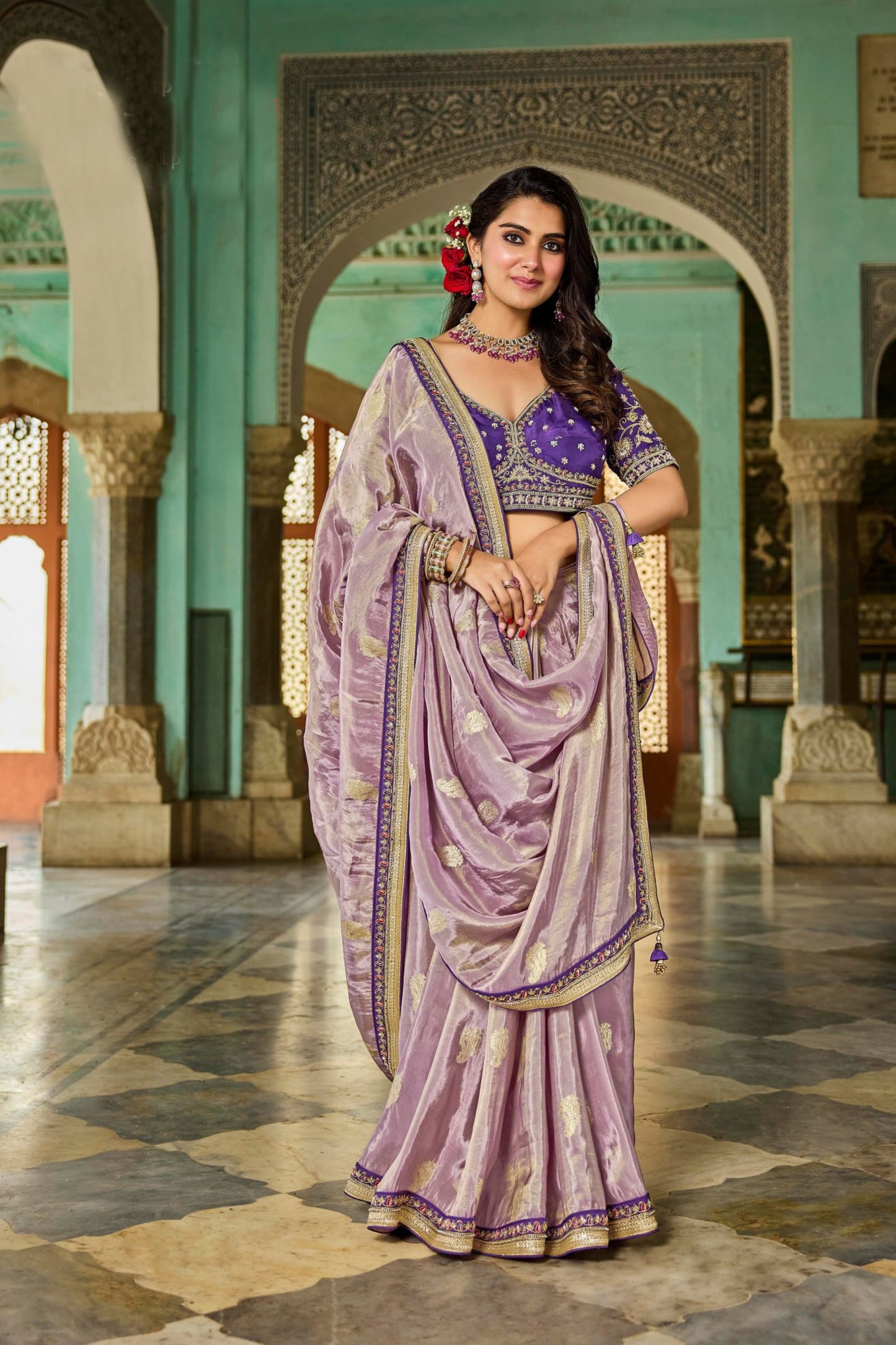 Lavender Silk Saree Contrast Purple Blouse Designer