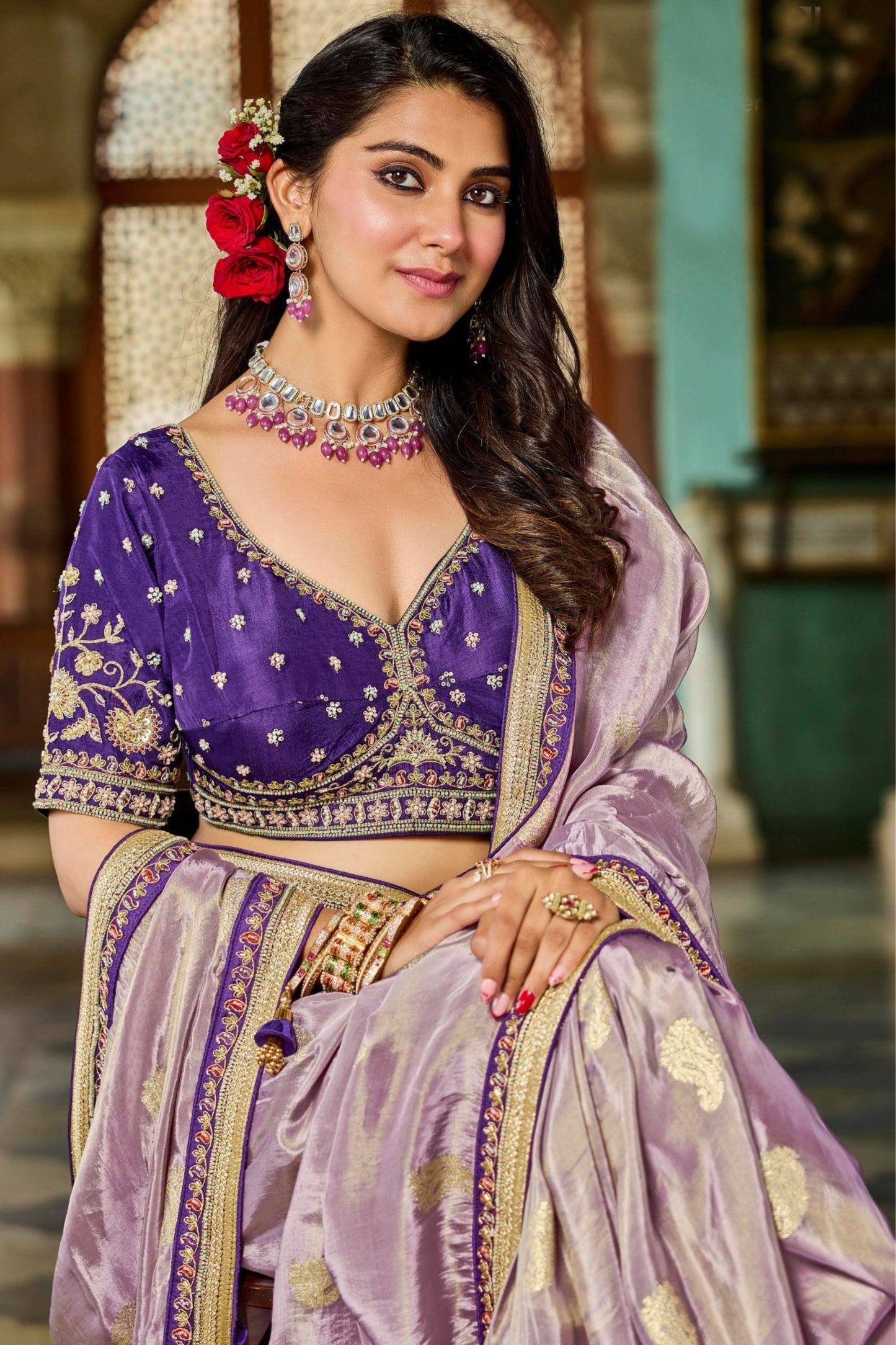 Lavender Silk Saree Contrast Purple Blouse Designer