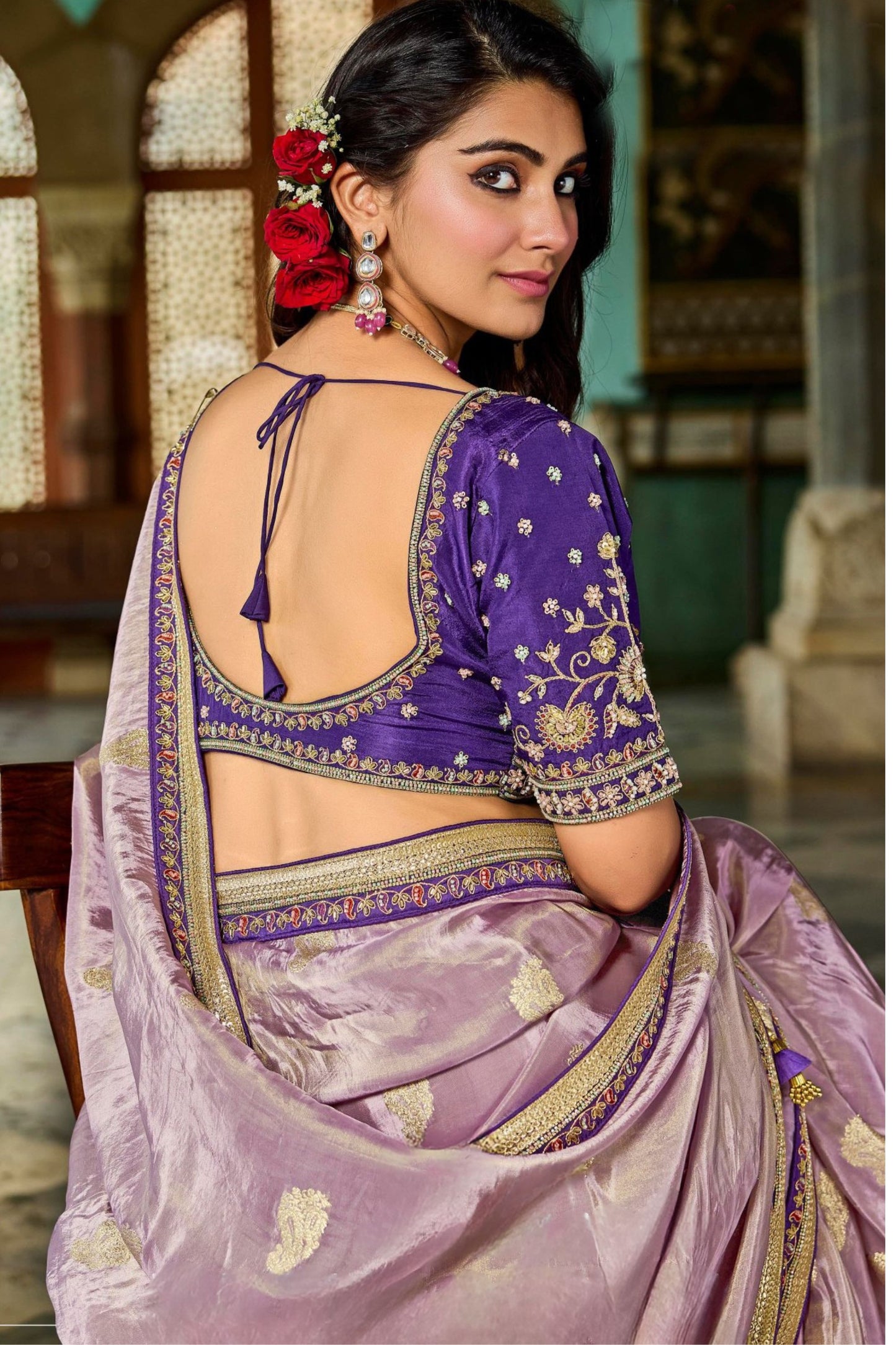 Lavender Silk Saree Contrast Purple Blouse Designer