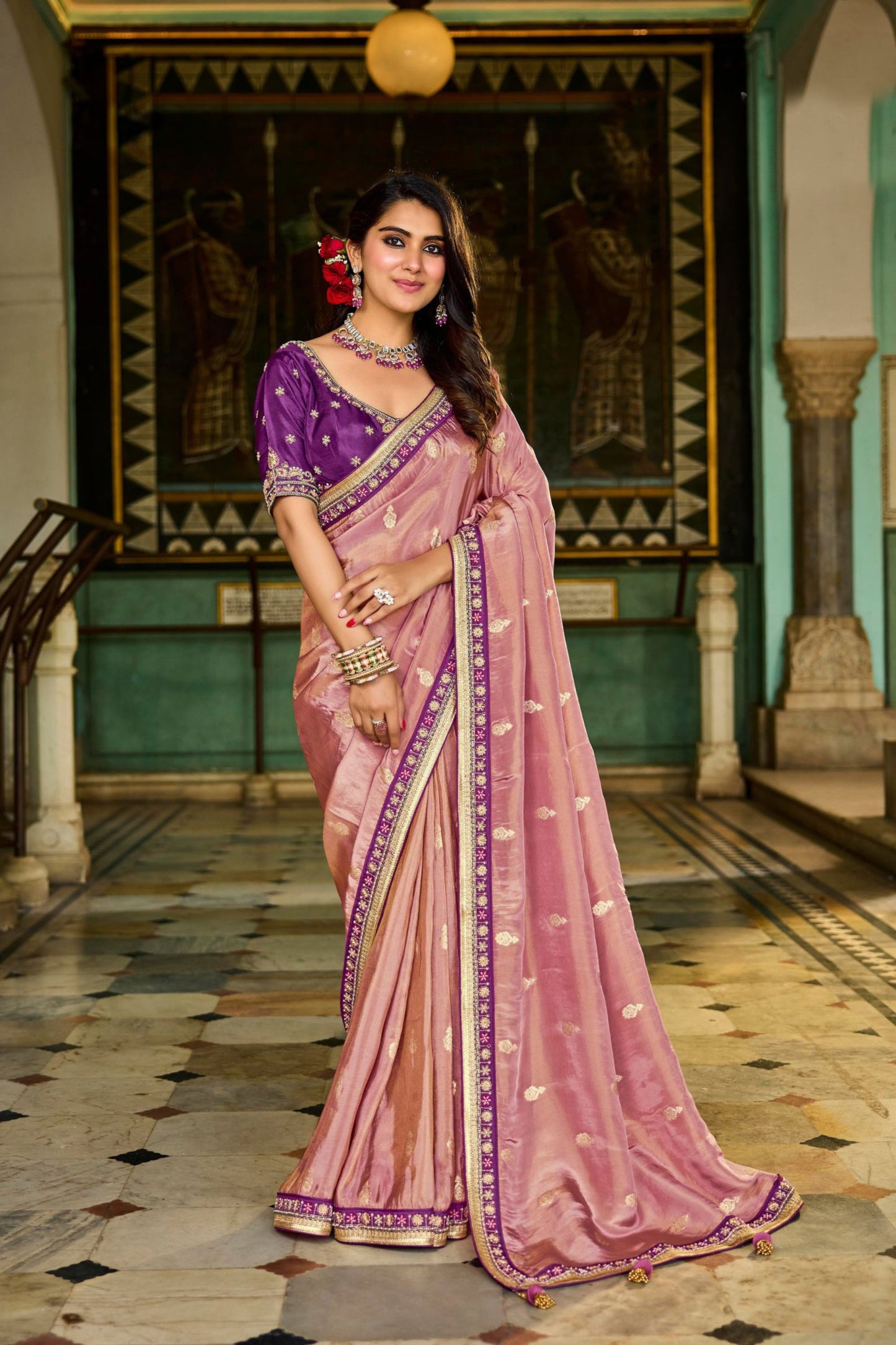 Elegant Pink Silk Saree with Purple Blouse Designer 
