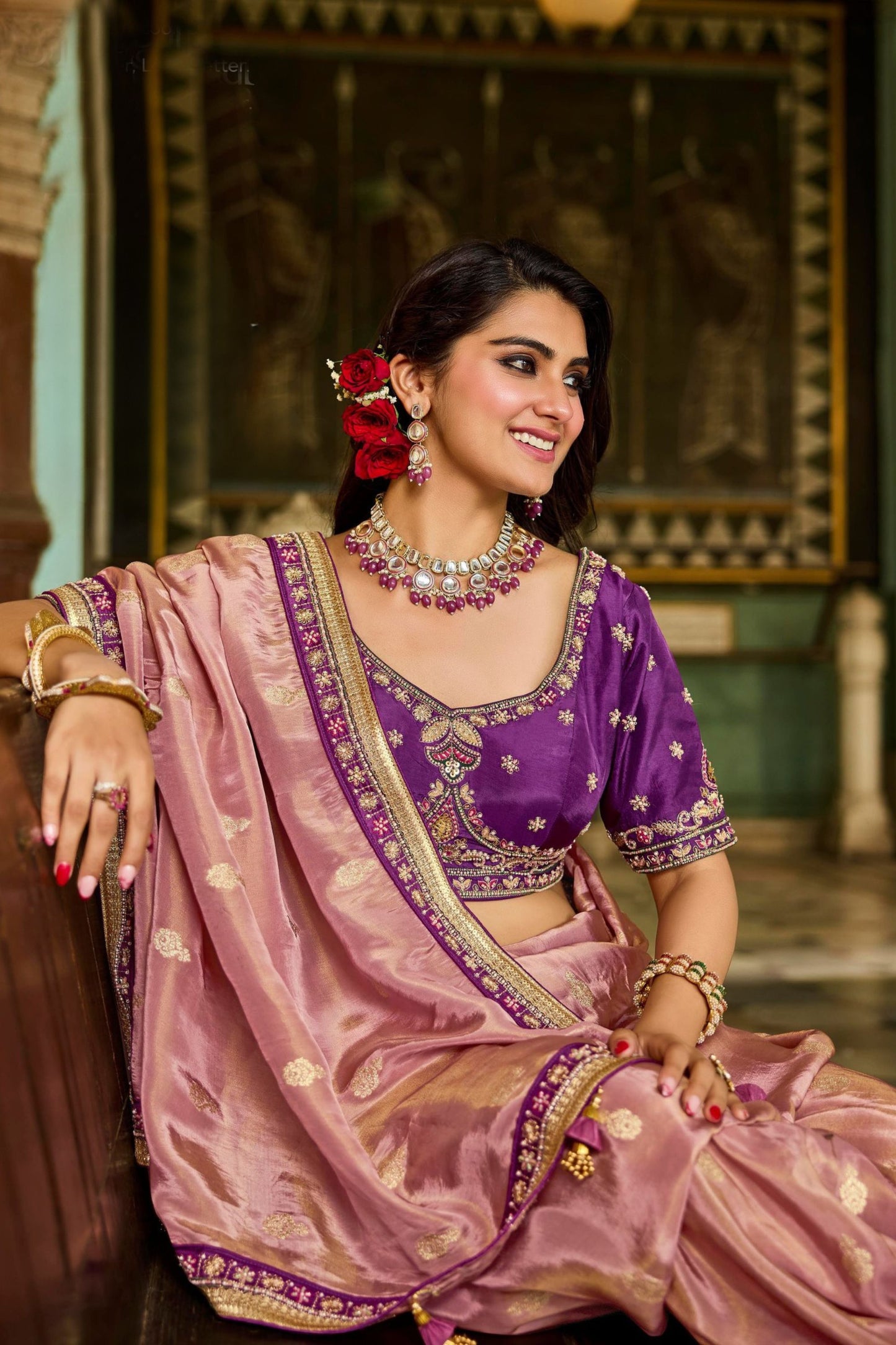 Elegant Pink Silk Saree with Purple Blouse Designer