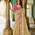 Elegant Beige Silk Saree Pink Border Contrast Blouse Designer