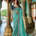 Designer Teal Blue Silk Saree Golden Border Contrast Navy Blouse