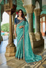 Designer Teal Blue Silk Saree Golden Border Contrast Navy Blouse
