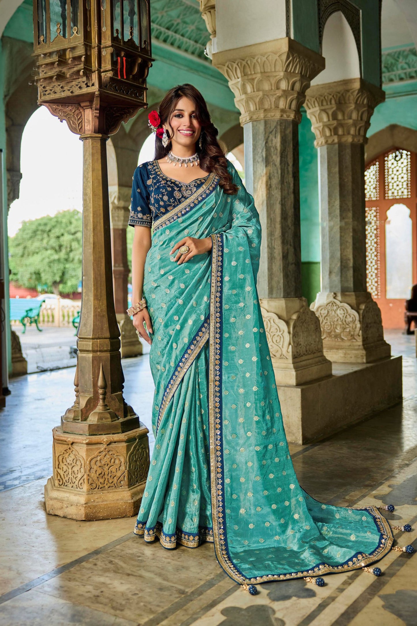 Designer Teal Blue Silk Saree Golden Border Contrast Navy Blouse