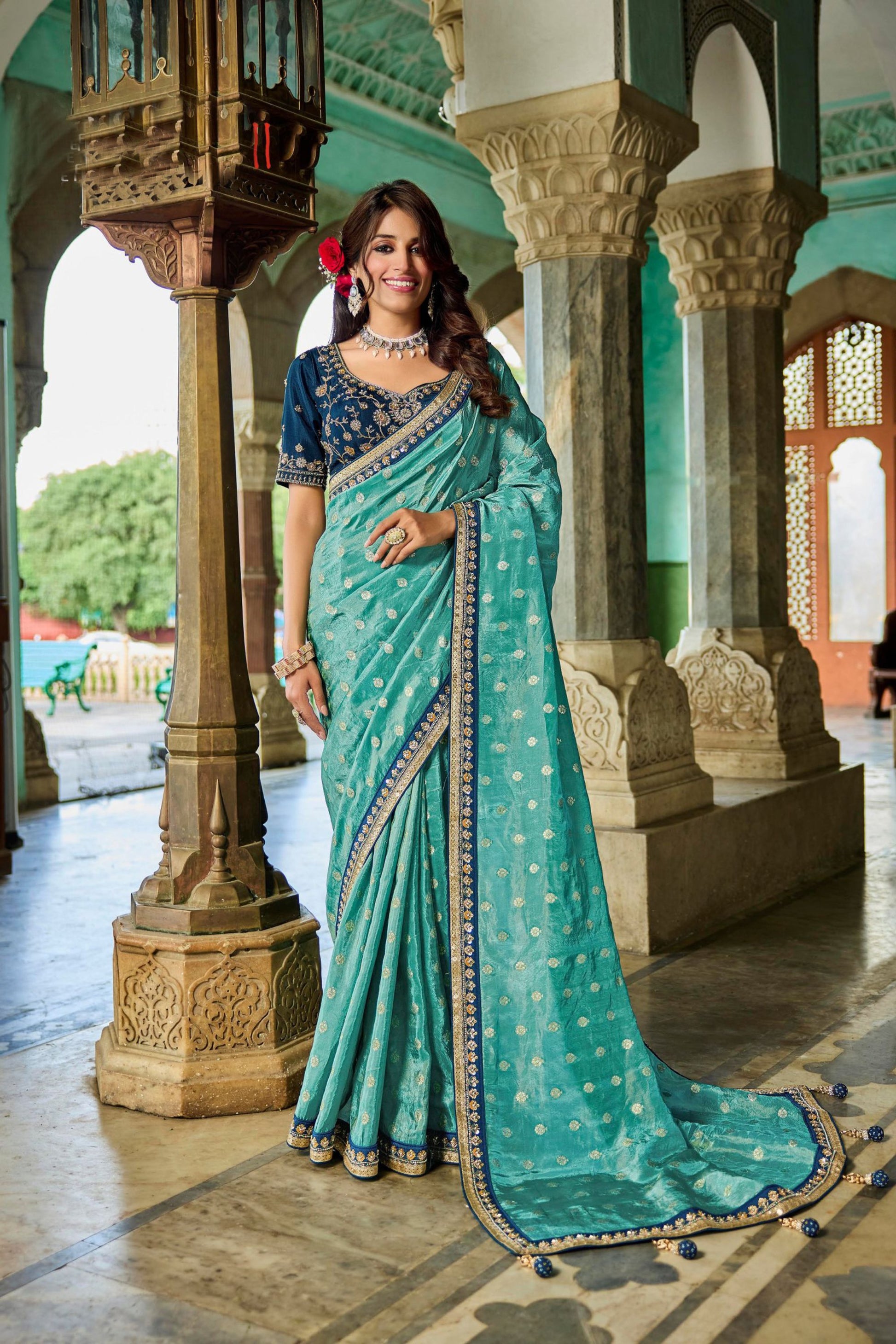 Designer Teal Blue Silk Saree Golden Border Contrast Navy Blouse