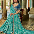 Designer Teal Blue Silk Saree Golden Border Contrast Navy Blouse